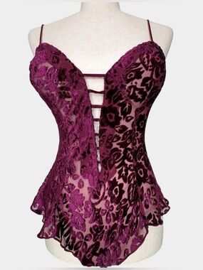 Vtg Victoria Secret Gold Label Burnout Velvet Caged Plunge Bodysuit Whimsigoth P